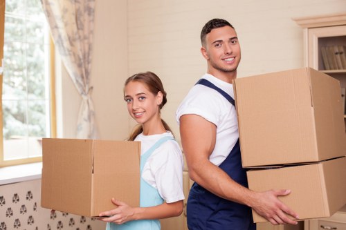 Packed boxes and furniture ready for a local house move in NW8