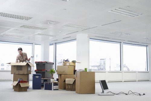 Packed office furniture ready for transport in St Johns Wood
